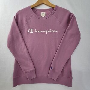 Champion Womens Crewneck Sweatshirt Ribbed Cuffs Light Purple Small